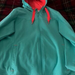 Aqua Zip-Up Hoodie with Coral Accents